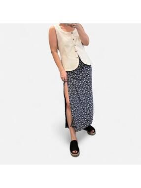 Urban Outfitters Floral Midi Skirt Side Slit Navy White